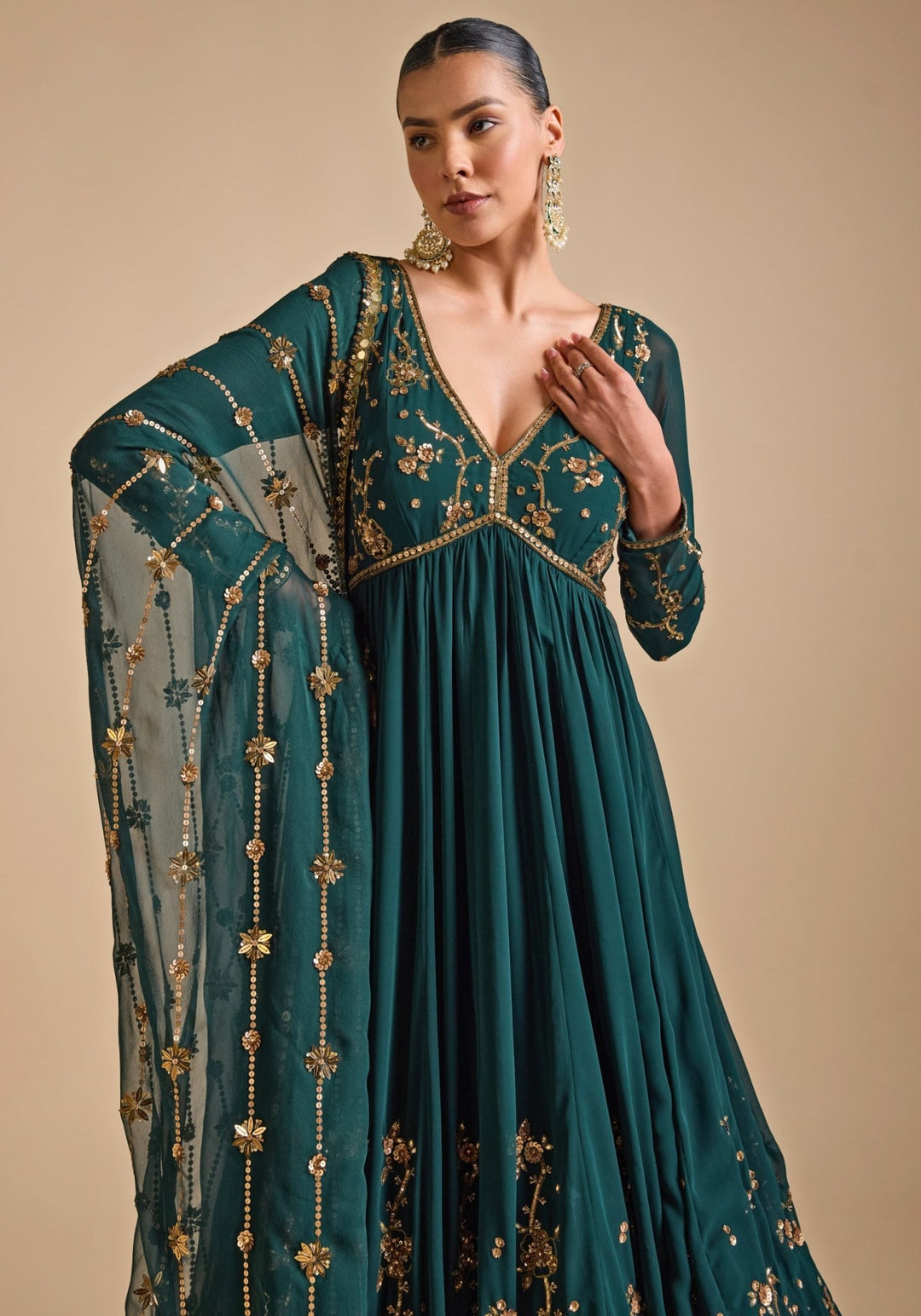 Emerald Green Sequence Anarkali Gown Prevasu - Fabilicious Fashion