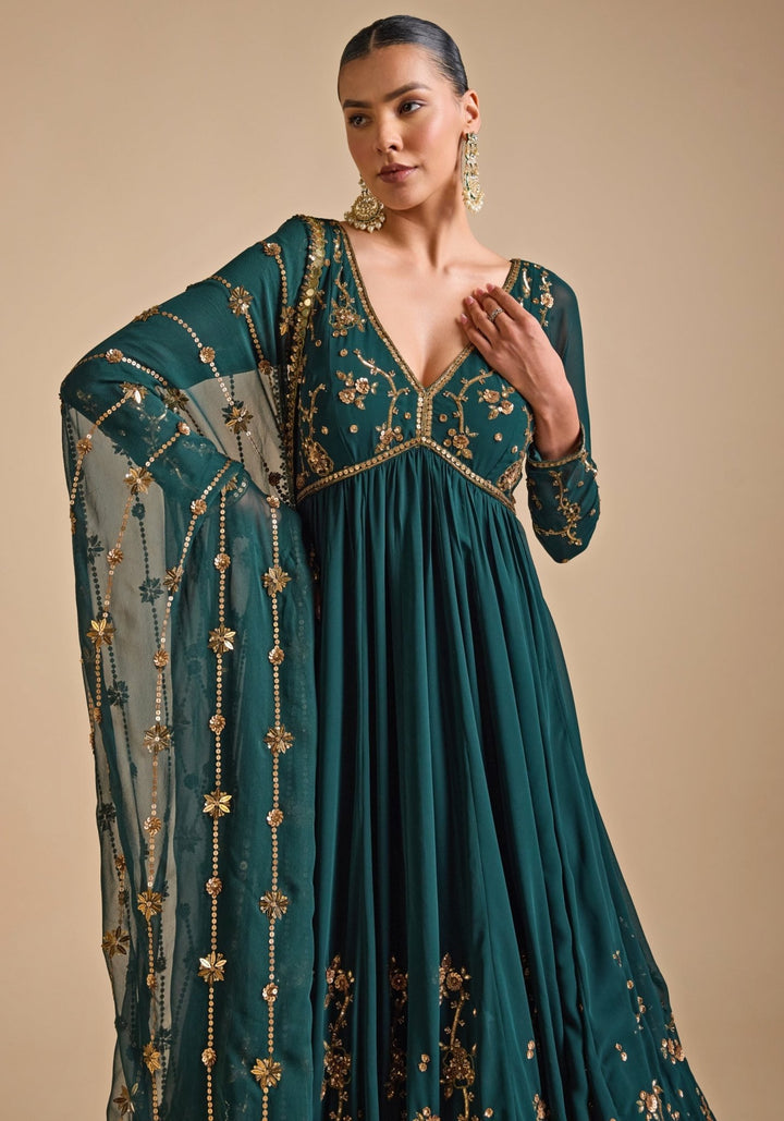 Emerald Green Sequence Anarkali Gown Prevasu - Fabilicious Fashion