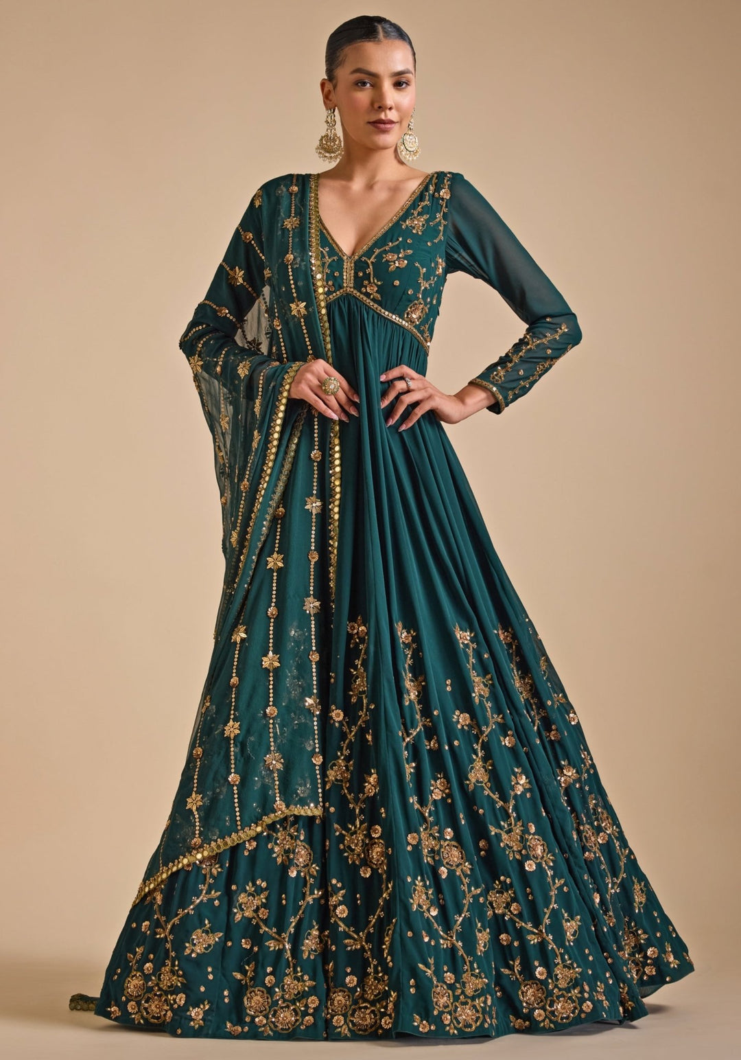 Emerald Green Sequence Anarkali Gown Prevasu - Fabilicious Fashion