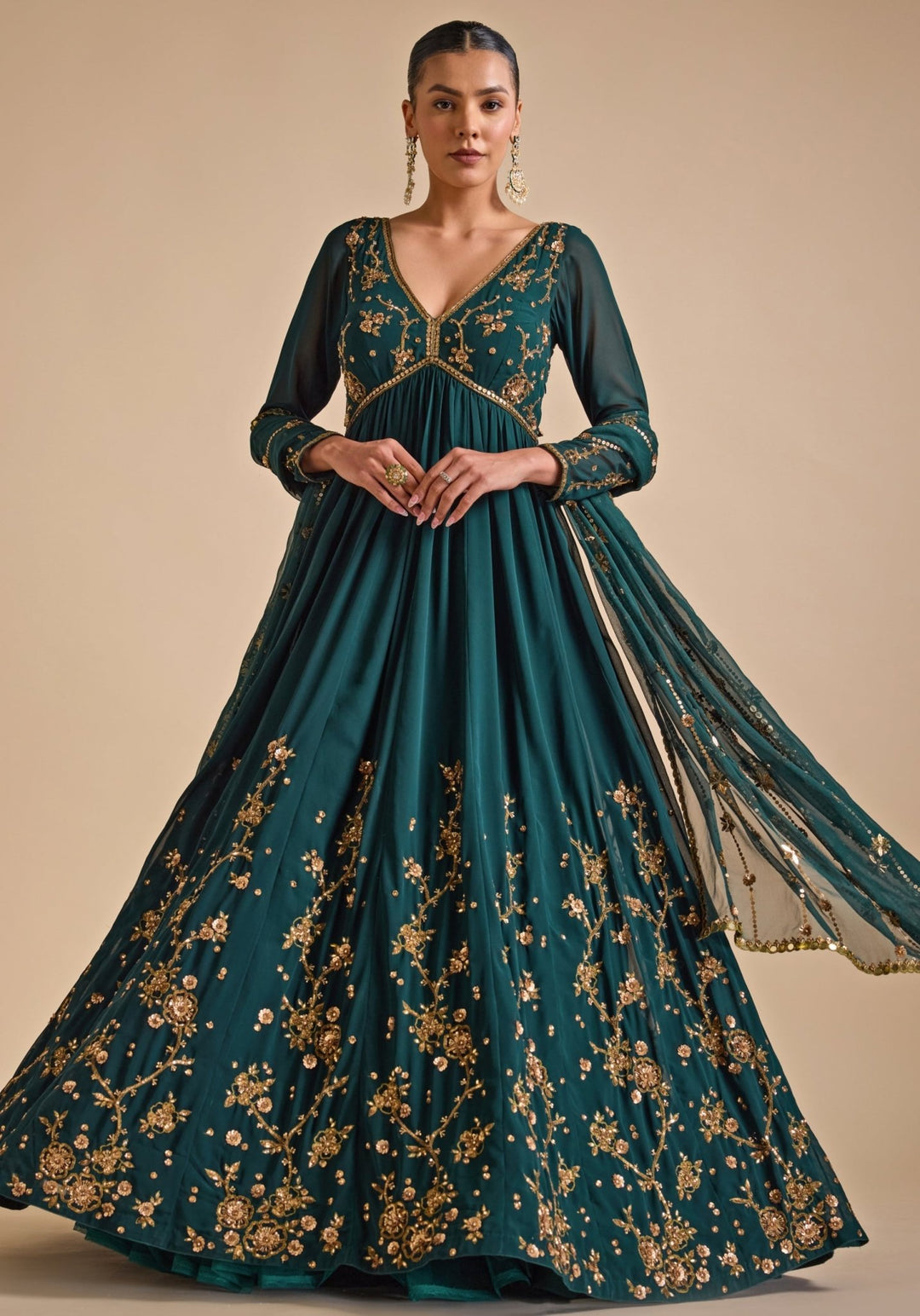 Emerald Green Sequence Anarkali Gown Prevasu - Fabilicious Fashion