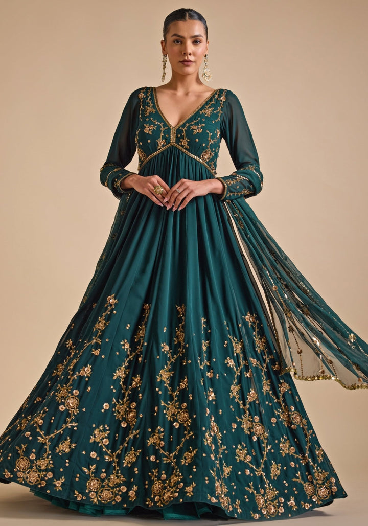 Emerald Green Sequence Anarkali Gown Prevasu - Fabilicious Fashion