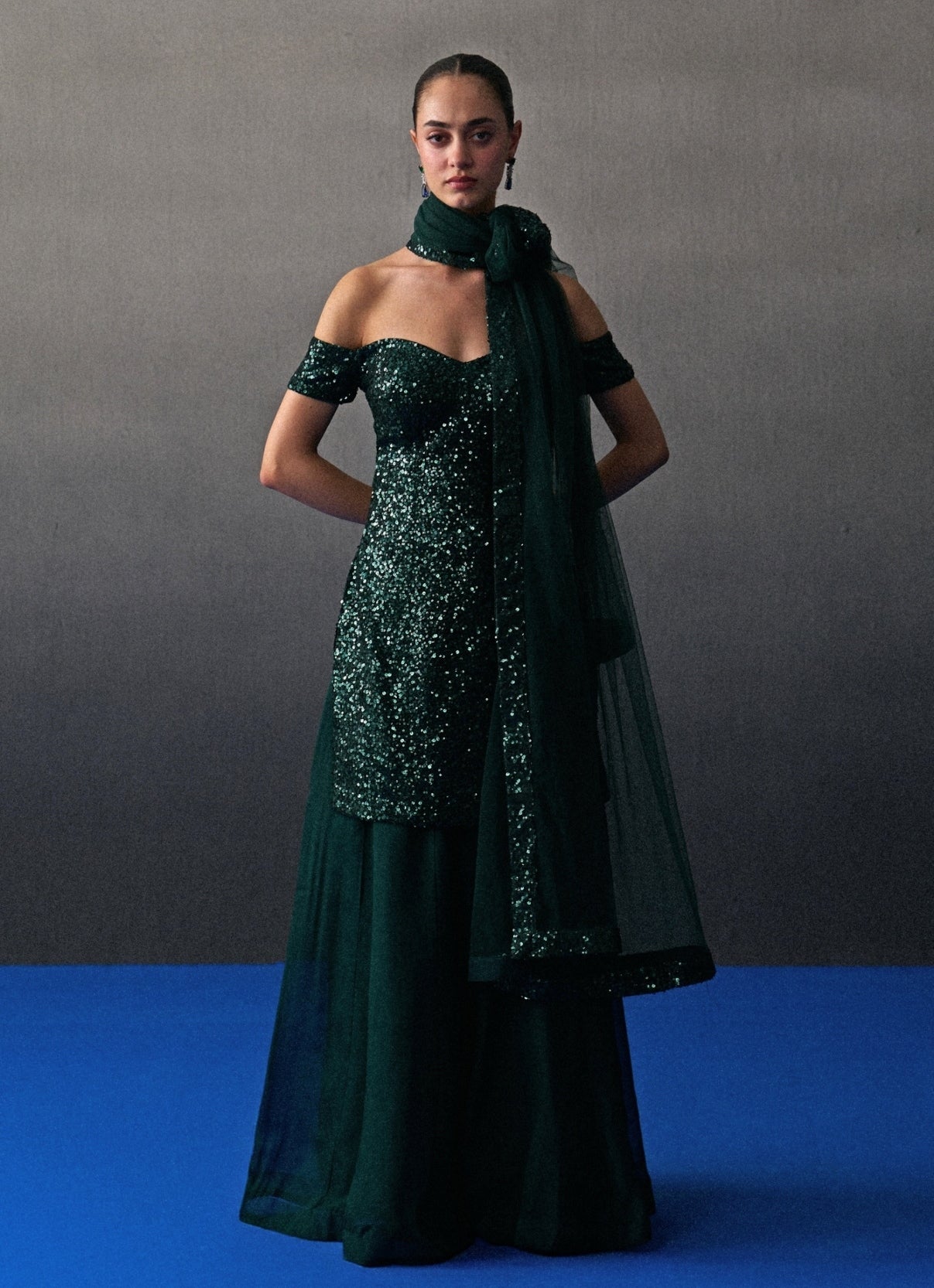 Emerald green sequins embroidered kurta sharara by Angad Singh