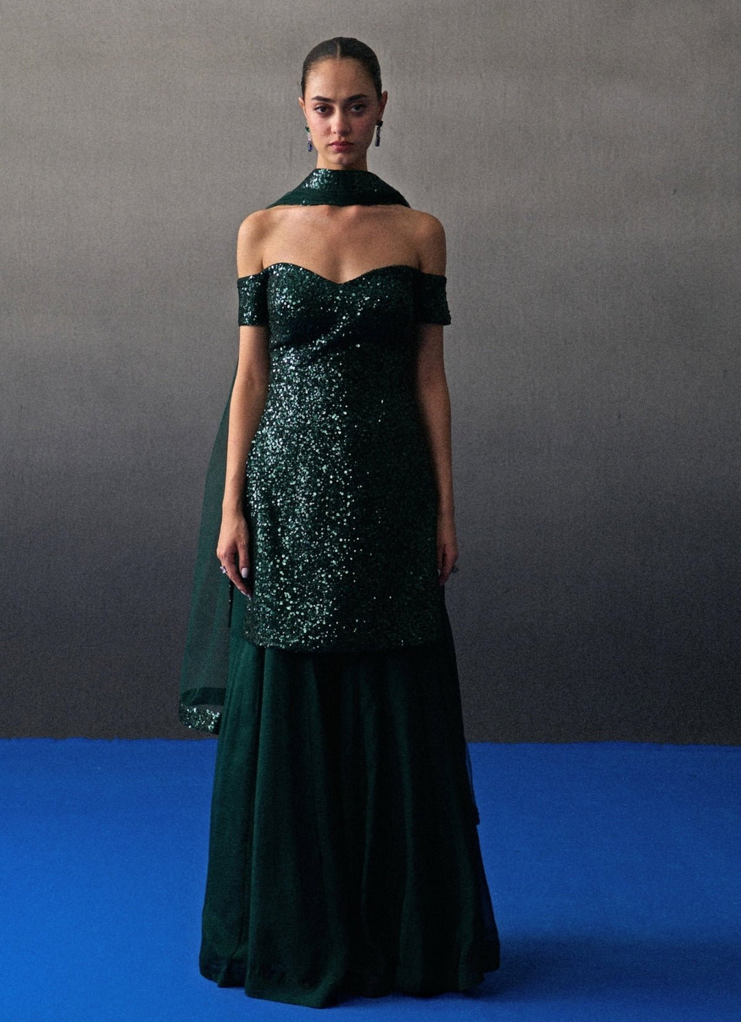 Emerald Green Sequins Embroidered Kurta Sharara Angad Singh - Fabilicious Fashion