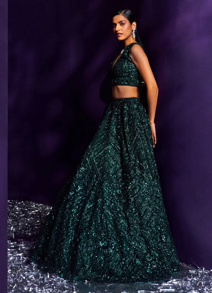 Emerald Green Sequins Embroidered Lehenga Set Angad Singh - Fabilicious Fashion