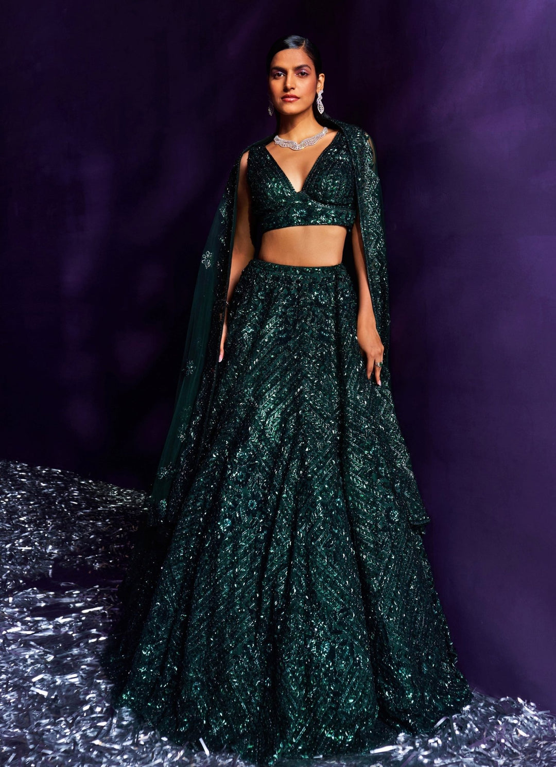 Emerald Green Sequins Embroidered Lehenga Set Angad Singh - Fabilicious Fashion