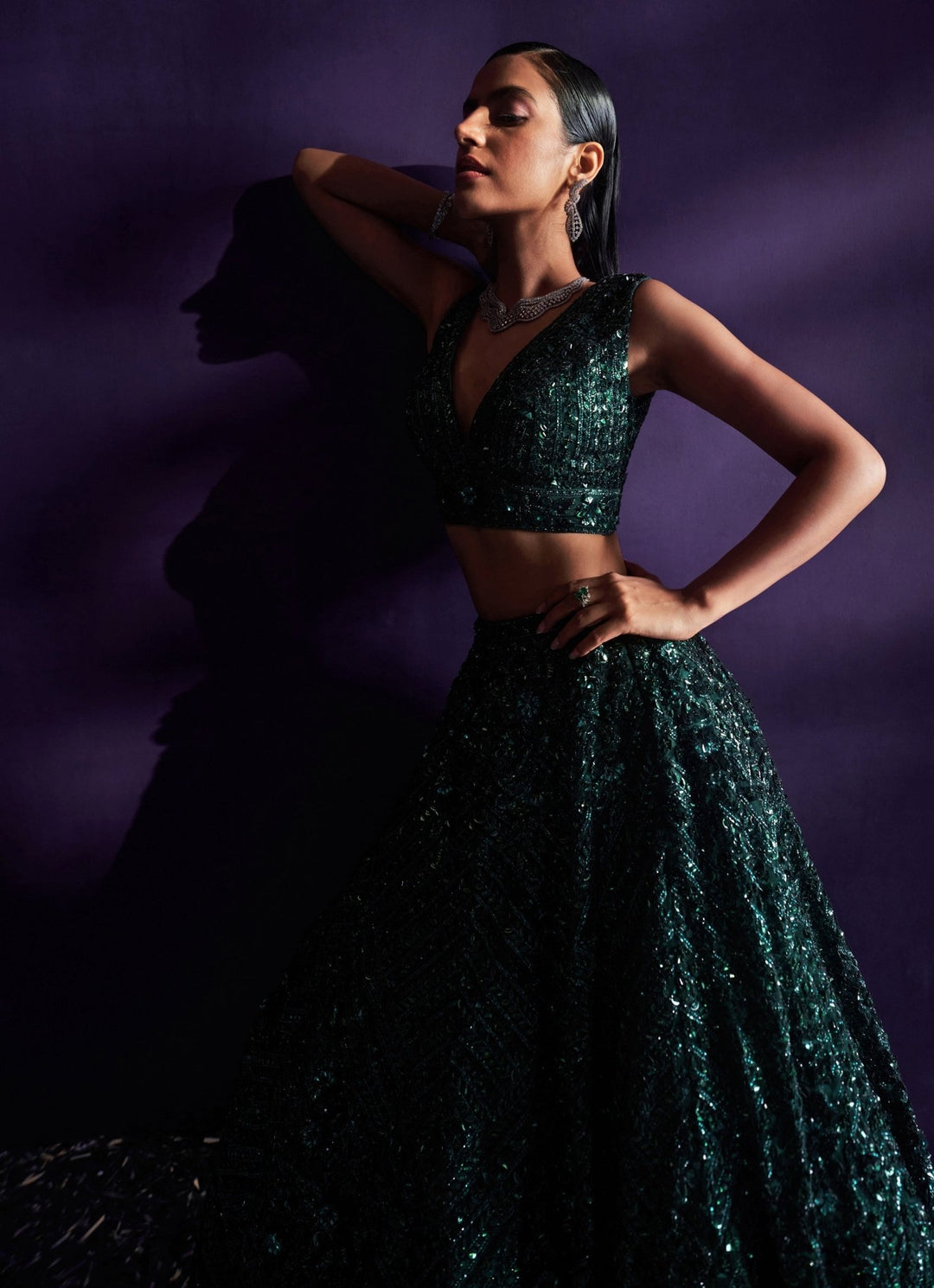 Emerald Green Sequins Embroidered Lehenga Set Angad Singh - Fabilicious Fashion