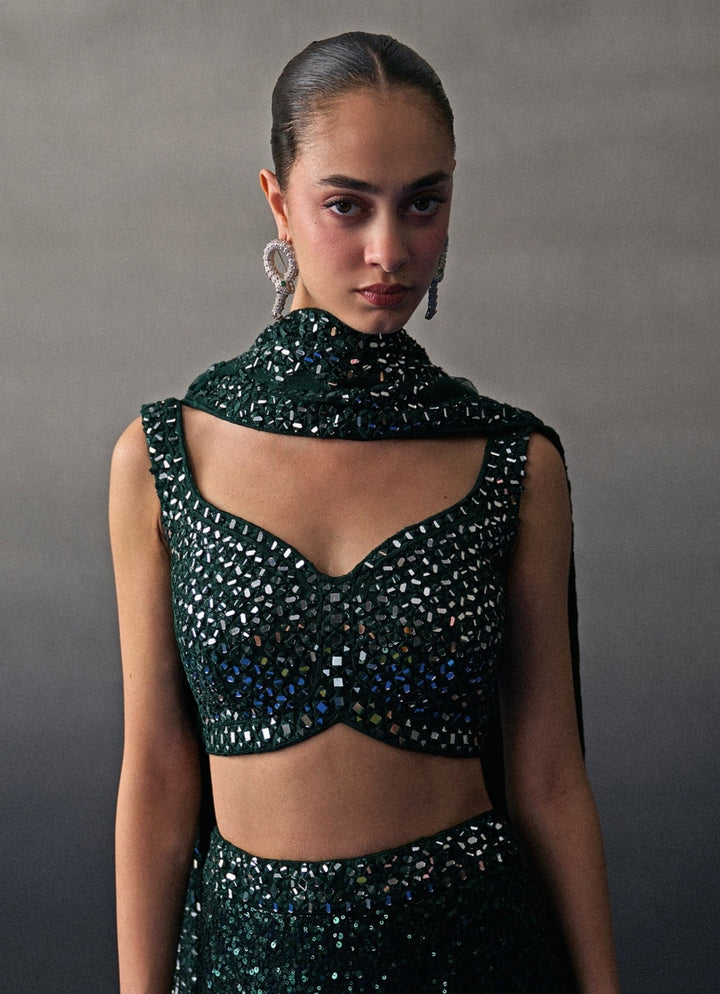 Emerald Green Sequins Embroidered Mermaid Lehenga Angad Singh - Fabilicious Fashion