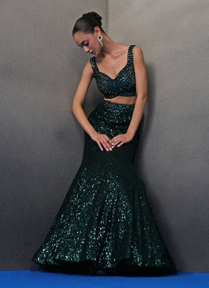 Emerald Green Sequins Embroidered Mermaid Lehenga Angad Singh - Fabilicious Fashion