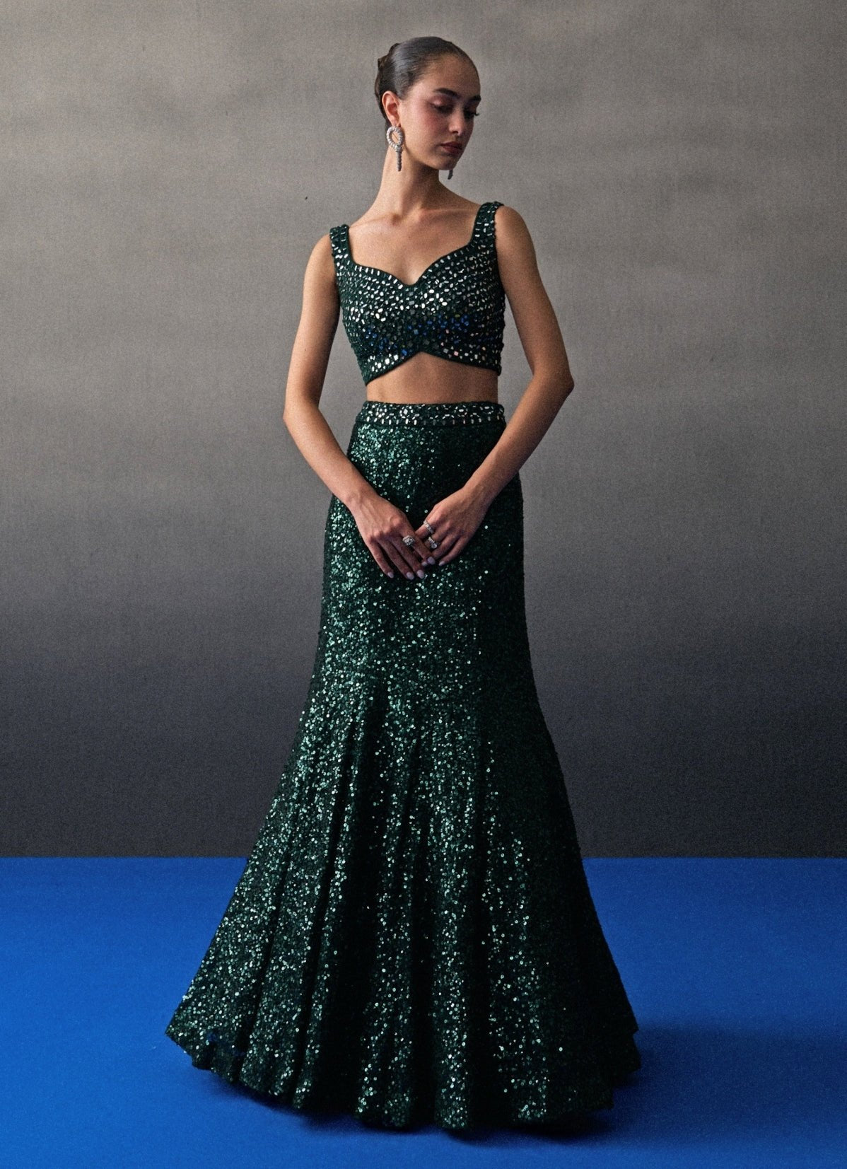 Emerald green sequins lehenga for Indian wedding guest