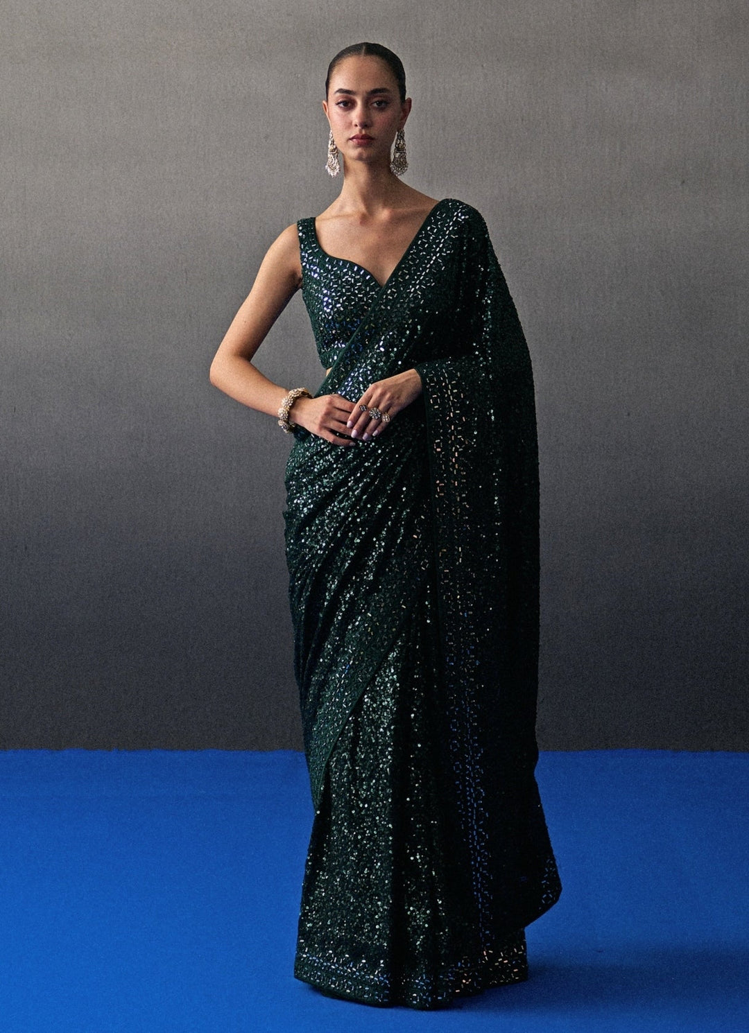 Emerald Green Sequins Embroidered Saree Angad Singh - Fabilicious Fashion