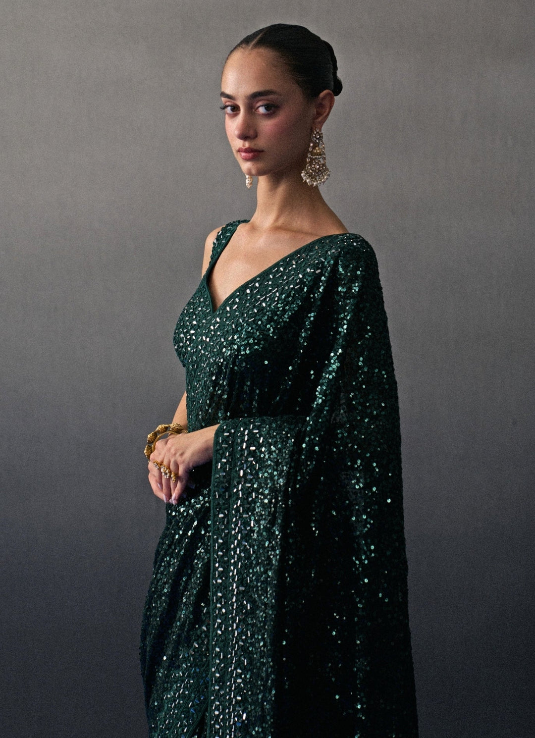 Emerald Green Sequins Embroidered Saree Angad Singh - Fabilicious Fashion