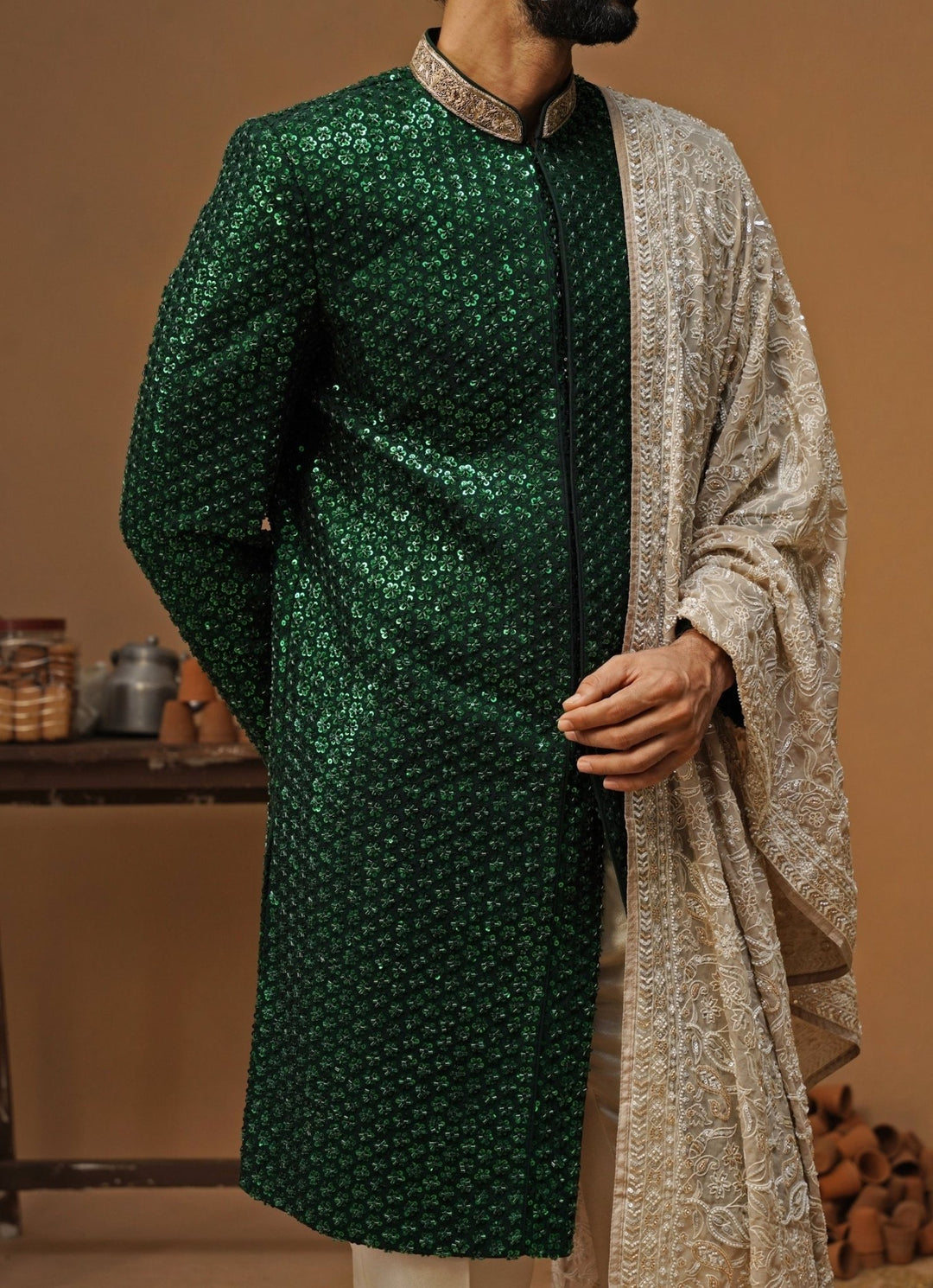 Kalpraag Emerald Green Shimmer Georgette Sherwani SetFabilicious Fashion