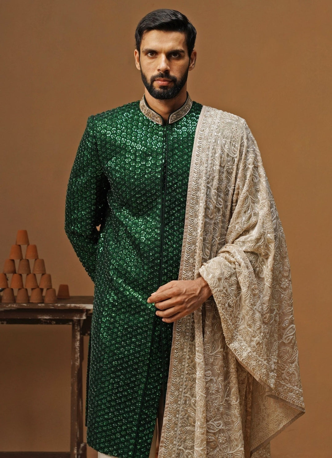 Kalpraag Emerald Green Shimmer Georgette Sherwani SetFabilicious Fashion