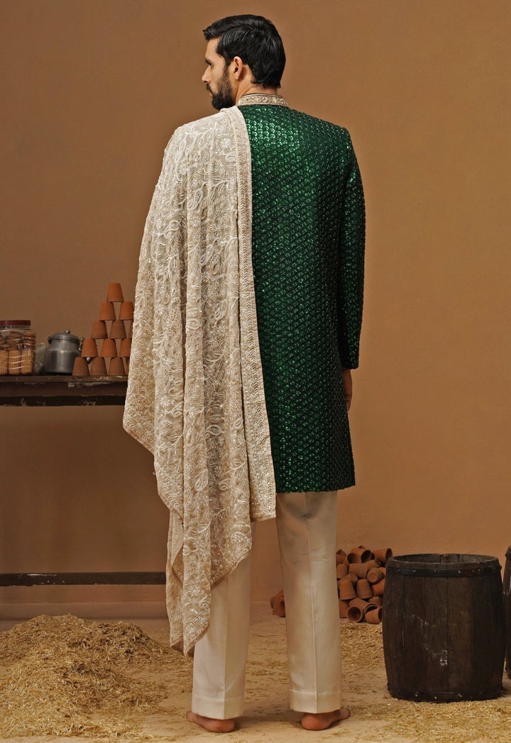 Kalpraag Emerald Green Shimmer Georgette Sherwani SetFabilicious Fashion