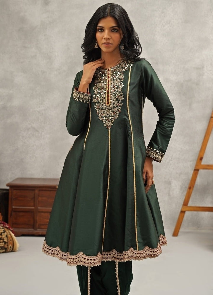Emerald Green Silk Anarkali With Dhoti Pants Kapda Dori - Fabilicious Fashion