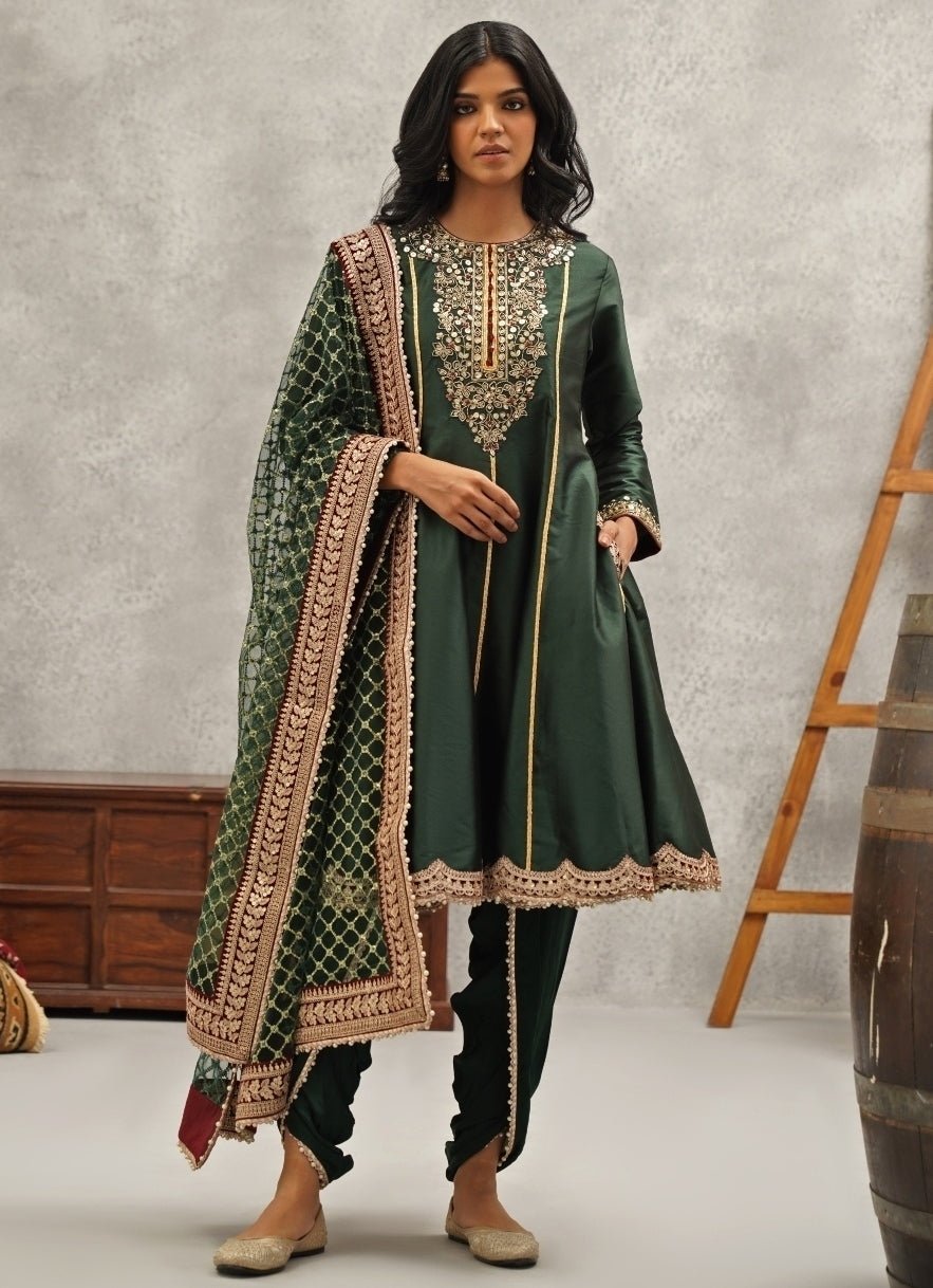 Emerald Green Silk Anarkali With Dhoti Pants Kapda Dori - Fabilicious Fashion