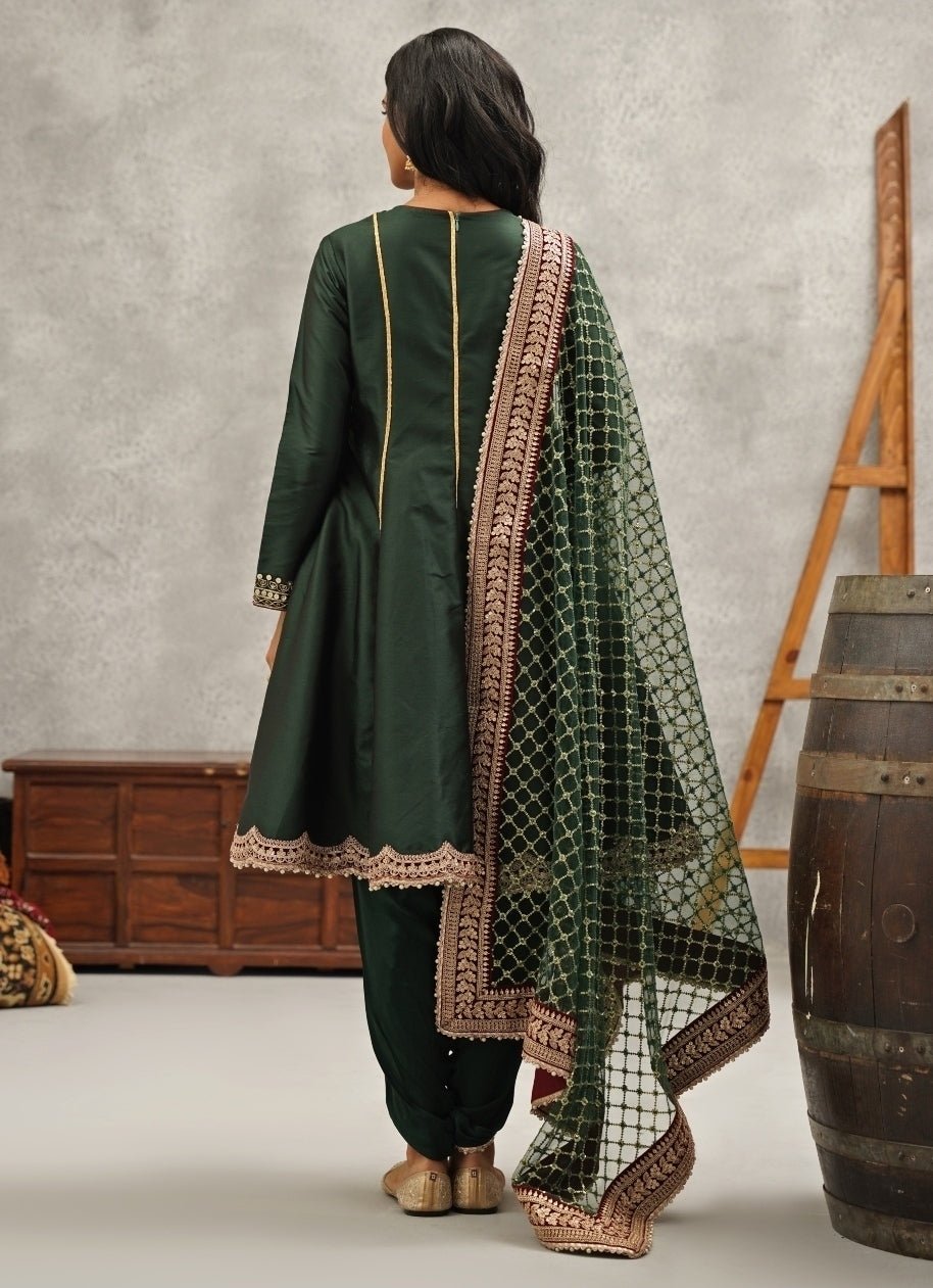 Emerald Green Silk Anarkali With Dhoti Pants Kapda Dori - Fabilicious Fashion