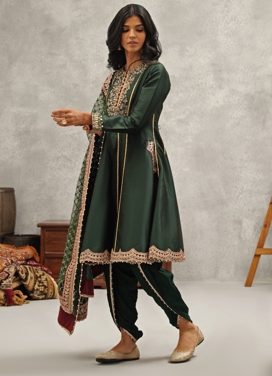 Emerald Green Silk Anarkali With Dhoti Pants Kapda Dori - Fabilicious Fashion
