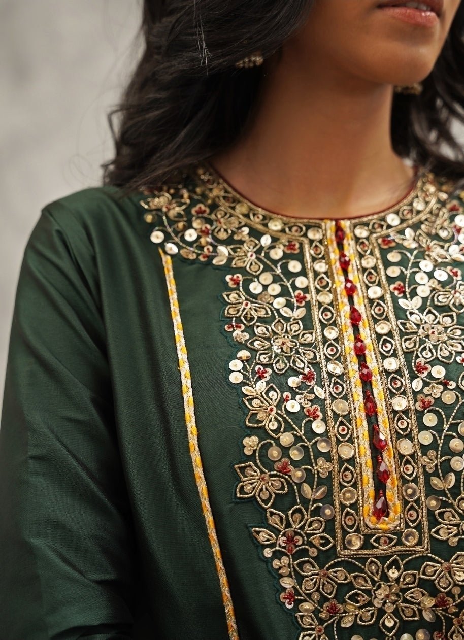 Emerald Green Silk Anarkali With Dhoti Pants Kapda Dori - Fabilicious Fashion