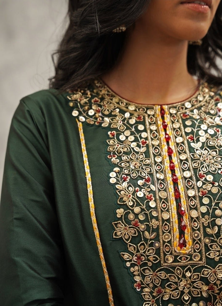 Emerald Green Silk Anarkali With Dhoti Pants Kapda Dori - Fabilicious Fashion