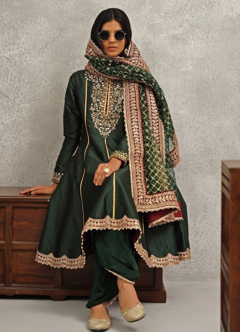 Emerald Green Silk Anarkali With Dhoti Pants Kapda Dori - Fabilicious Fashion