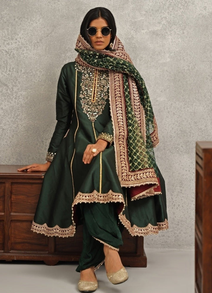 Emerald Green Silk Anarkali With Dhoti Pants Kapda Dori - Fabilicious Fashion