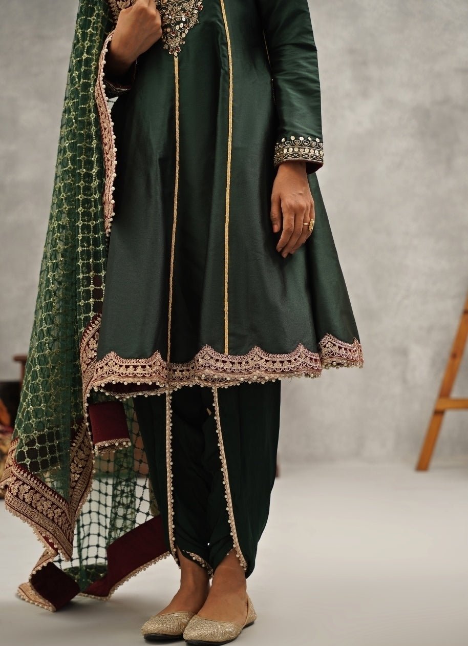 Emerald Green Silk Anarkali With Dhoti Pants Kapda Dori - Fabilicious Fashion