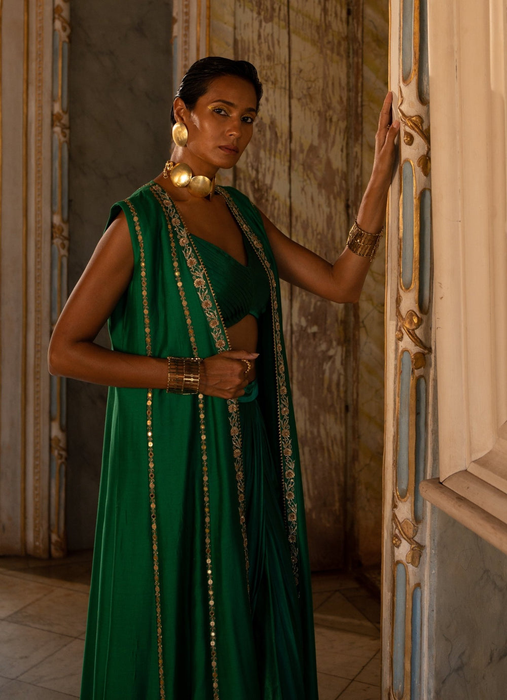 Emerald Green Silk Choga Jacket With Drape Skirt Paulmi and Harsh - Fabilicious Fashion