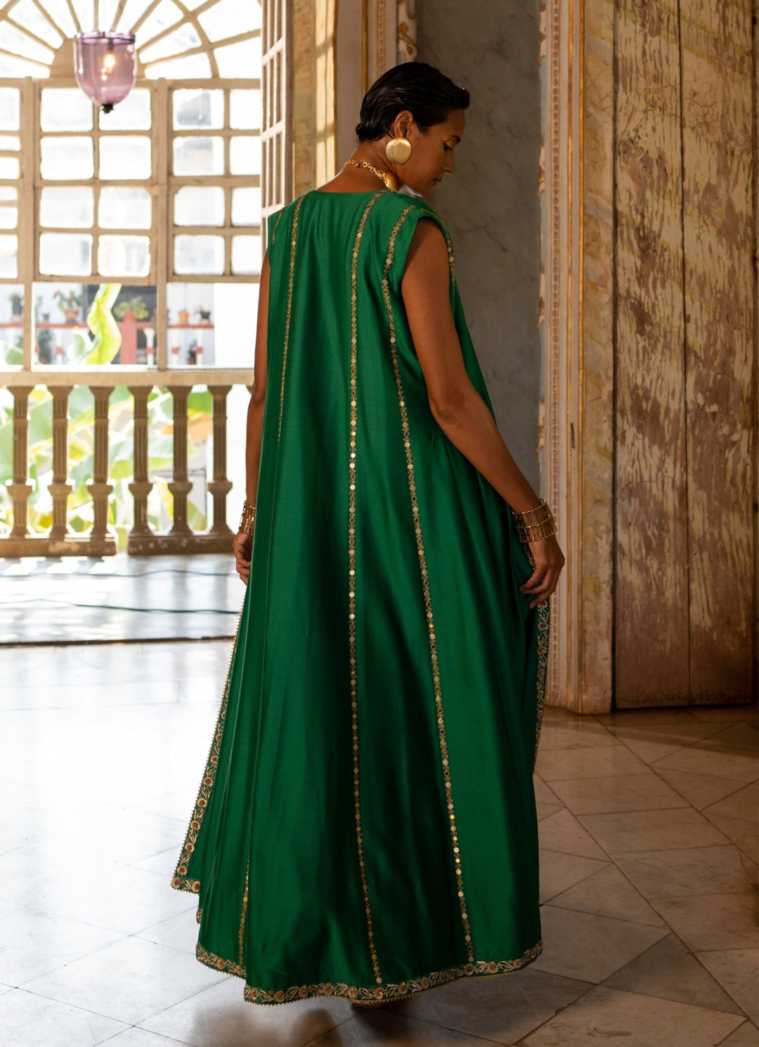 Emerald Green Silk Choga Jacket With Drape Skirt Paulmi and Harsh - Fabilicious Fashion