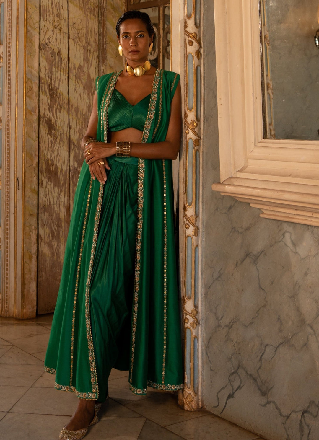 Emerald Green Silk Choga Jacket With Drape Skirt Paulmi and Harsh - Fabilicious Fashion