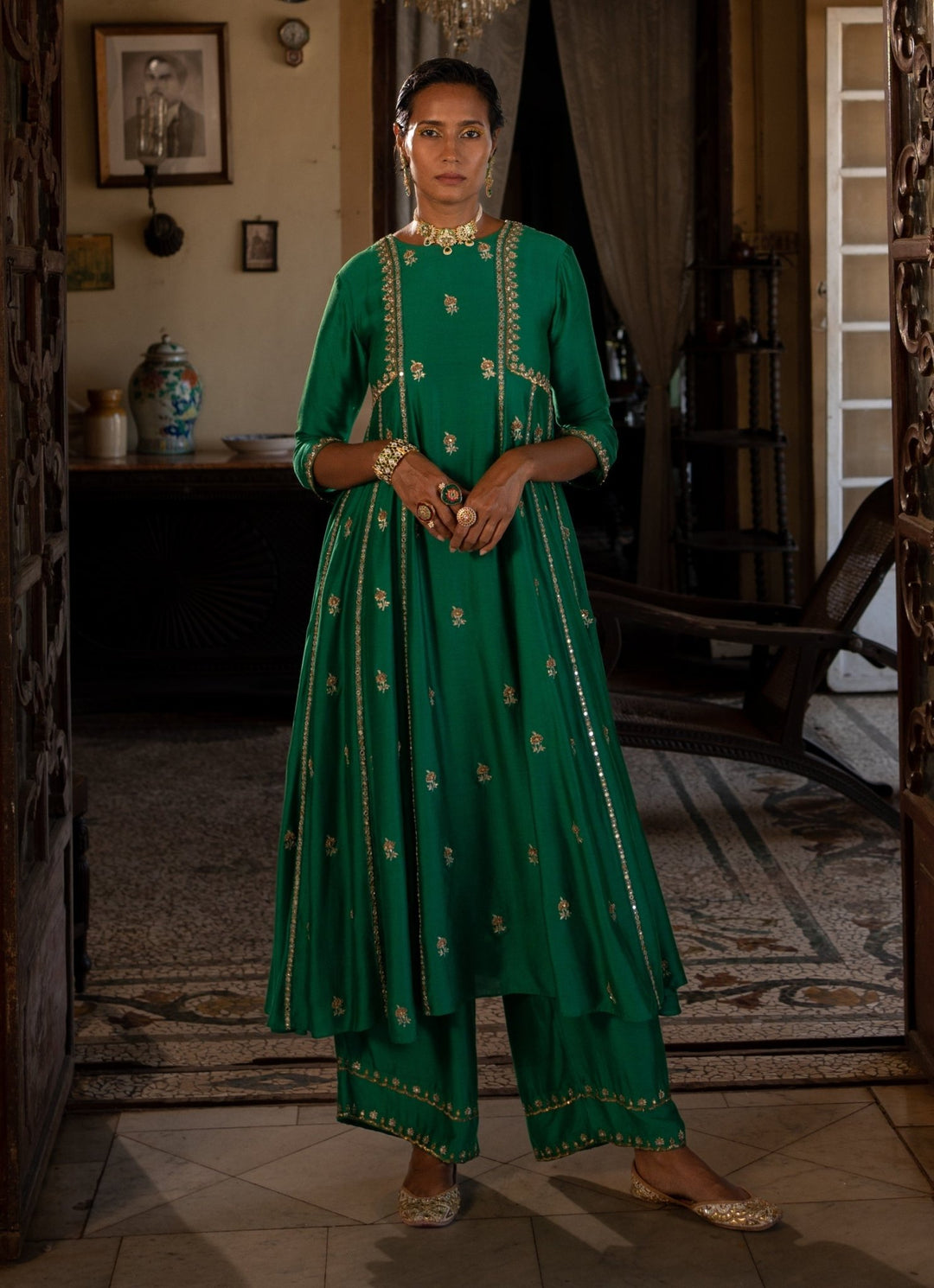 Emerald Green Silk Kurta Pants Set Paulmi and Harsh - Fabilicious Fashion
