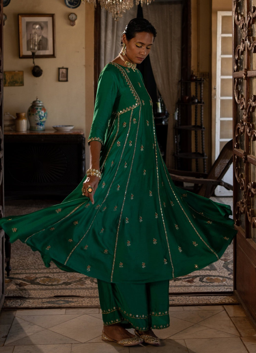 Emerald Green Silk Kurta Pants Set Paulmi and Harsh - Fabilicious Fashion