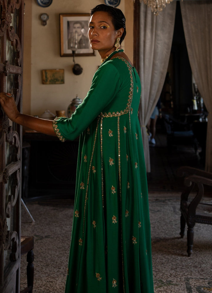 Emerald Green Silk Kurta Pants Set Paulmi and Harsh - Fabilicious Fashion