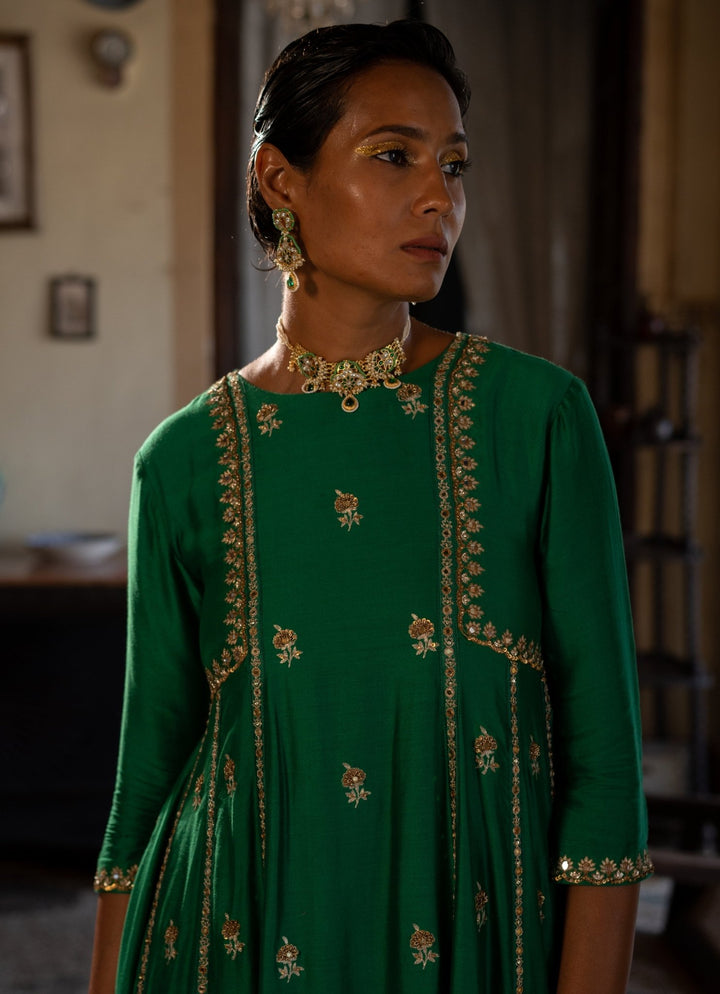 Emerald Green Silk Kurta Pants Set Paulmi and Harsh - Fabilicious Fashion