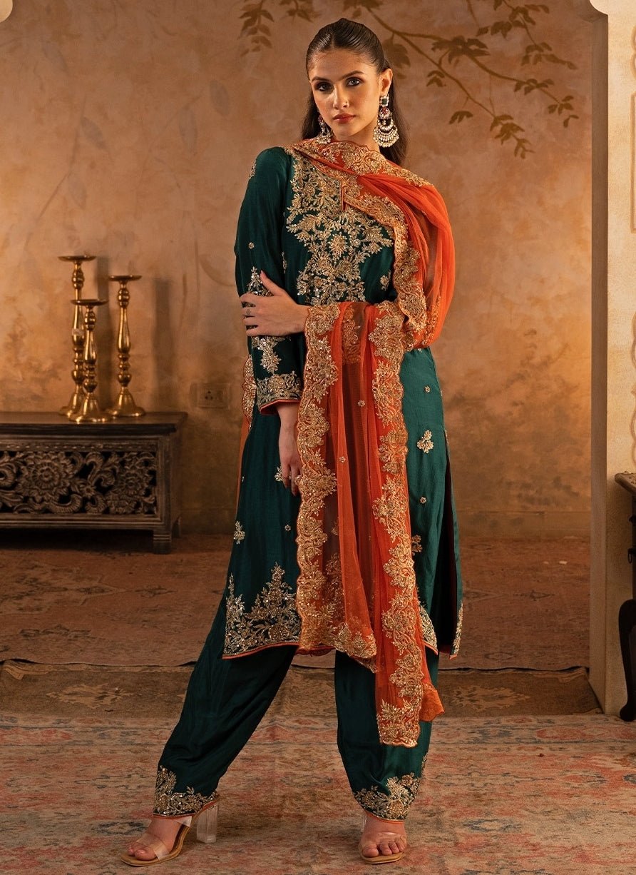 Angad Singh Emerald Green Silk Kurta Pants With Orange DupattaFabilicious Fashion