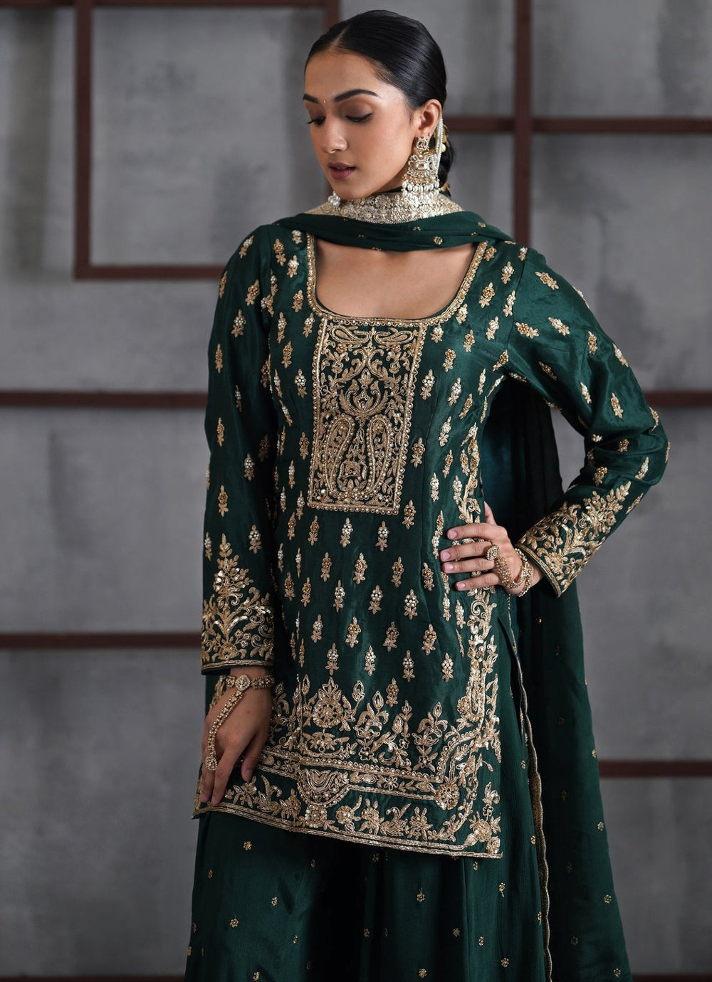 Emerald Green Silk Kurta Sharara Set Deepika Chadha - Fabilicious Fashion