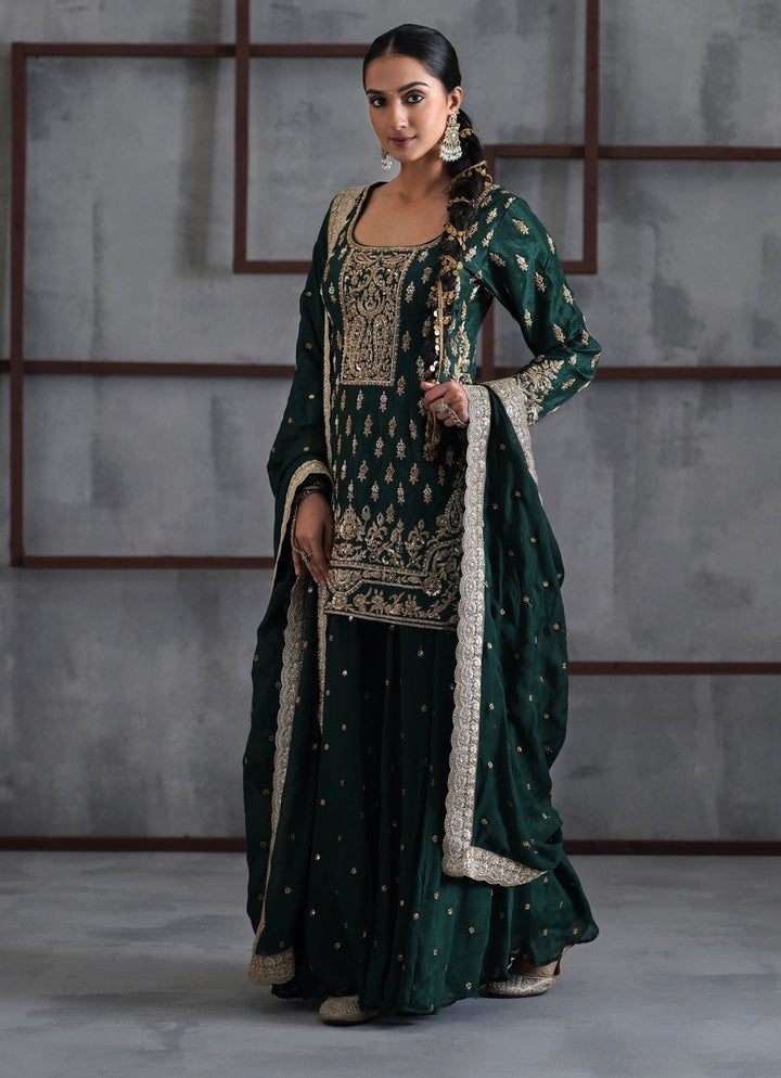 Emerald Green Silk Kurta Sharara Set Deepika Chadha - Fabilicious Fashion