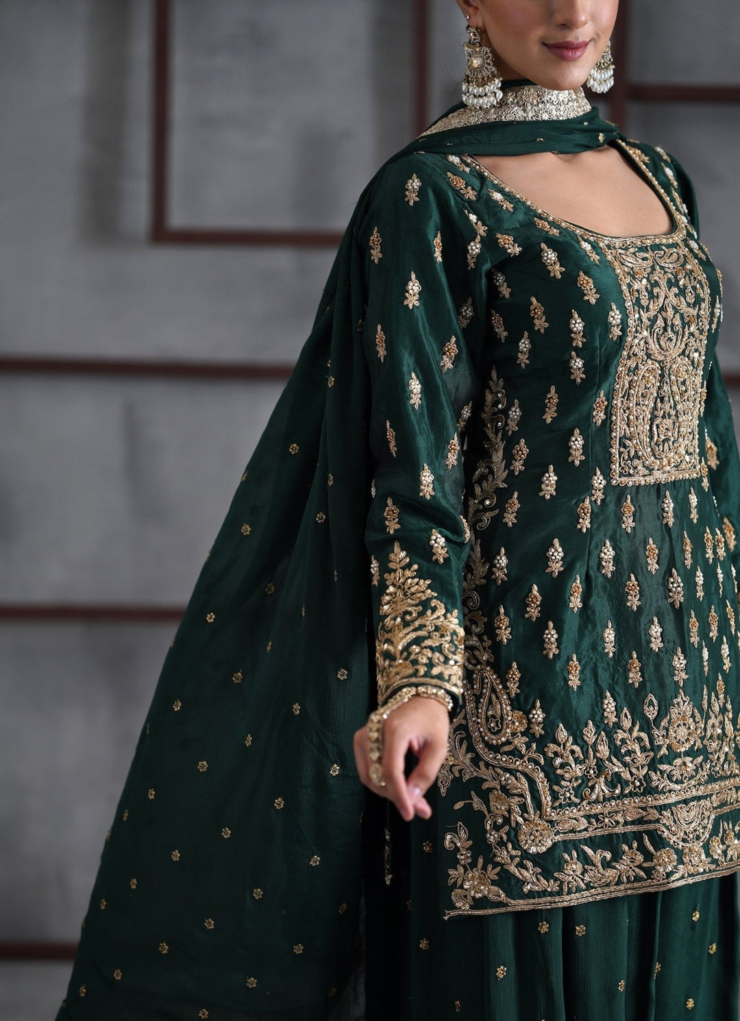 Emerald Green Silk Kurta Sharara Set Deepika Chadha - Fabilicious Fashion