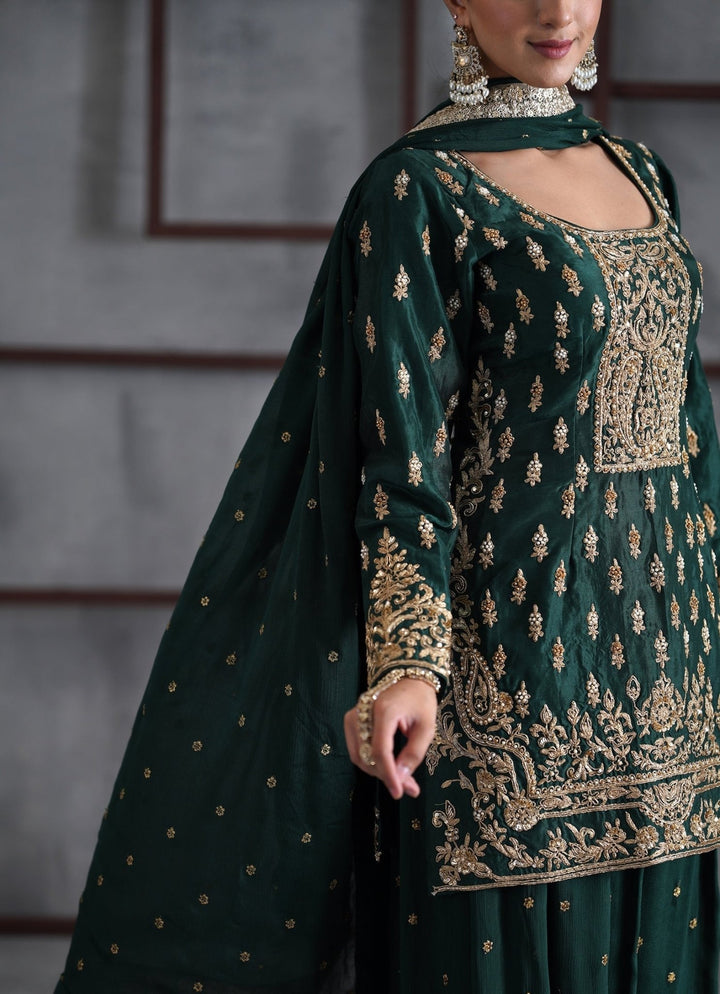 Emerald Green Silk Kurta Sharara Set Deepika Chadha - Fabilicious Fashion