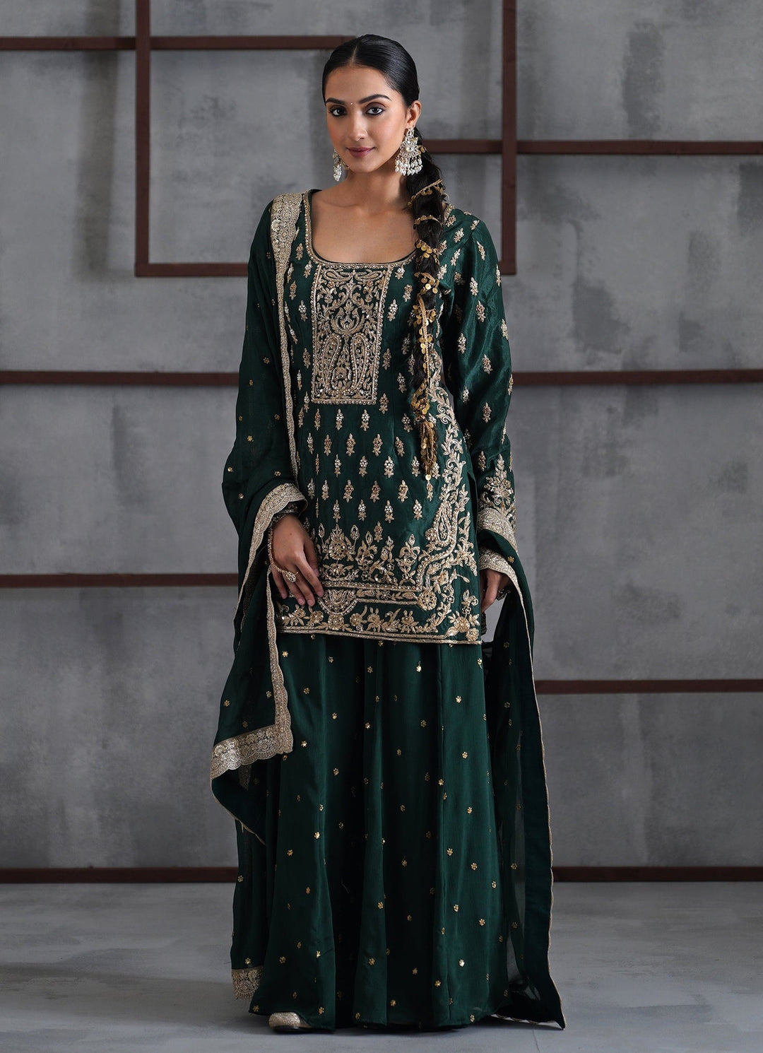 Emerald Green Silk Kurta Sharara Set Deepika Chadha - Fabilicious Fashion