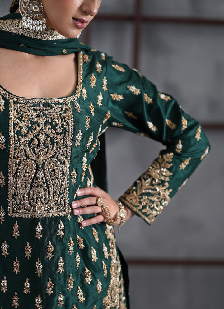 Emerald Green Silk Kurta Sharara Set Deepika Chadha - Fabilicious Fashion