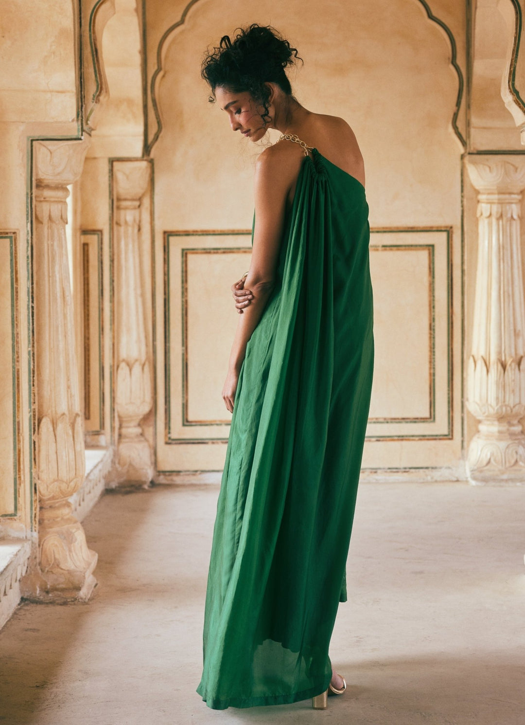 Emerald Green Silk One Shoulder Dress Paulmi and Harsh - Fabilicious Fashion