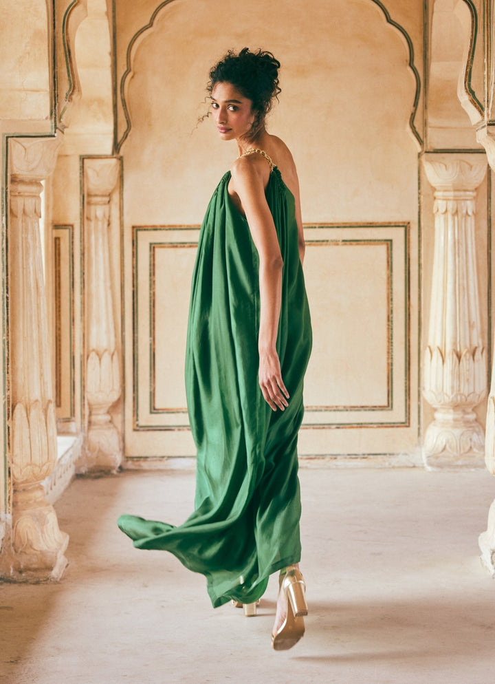 Emerald Green Silk One Shoulder Dress Paulmi and Harsh - Fabilicious Fashion