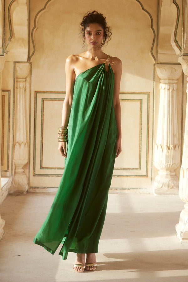 Emerald green silk one shoulder indowestern dress by Paulmi and Harsh