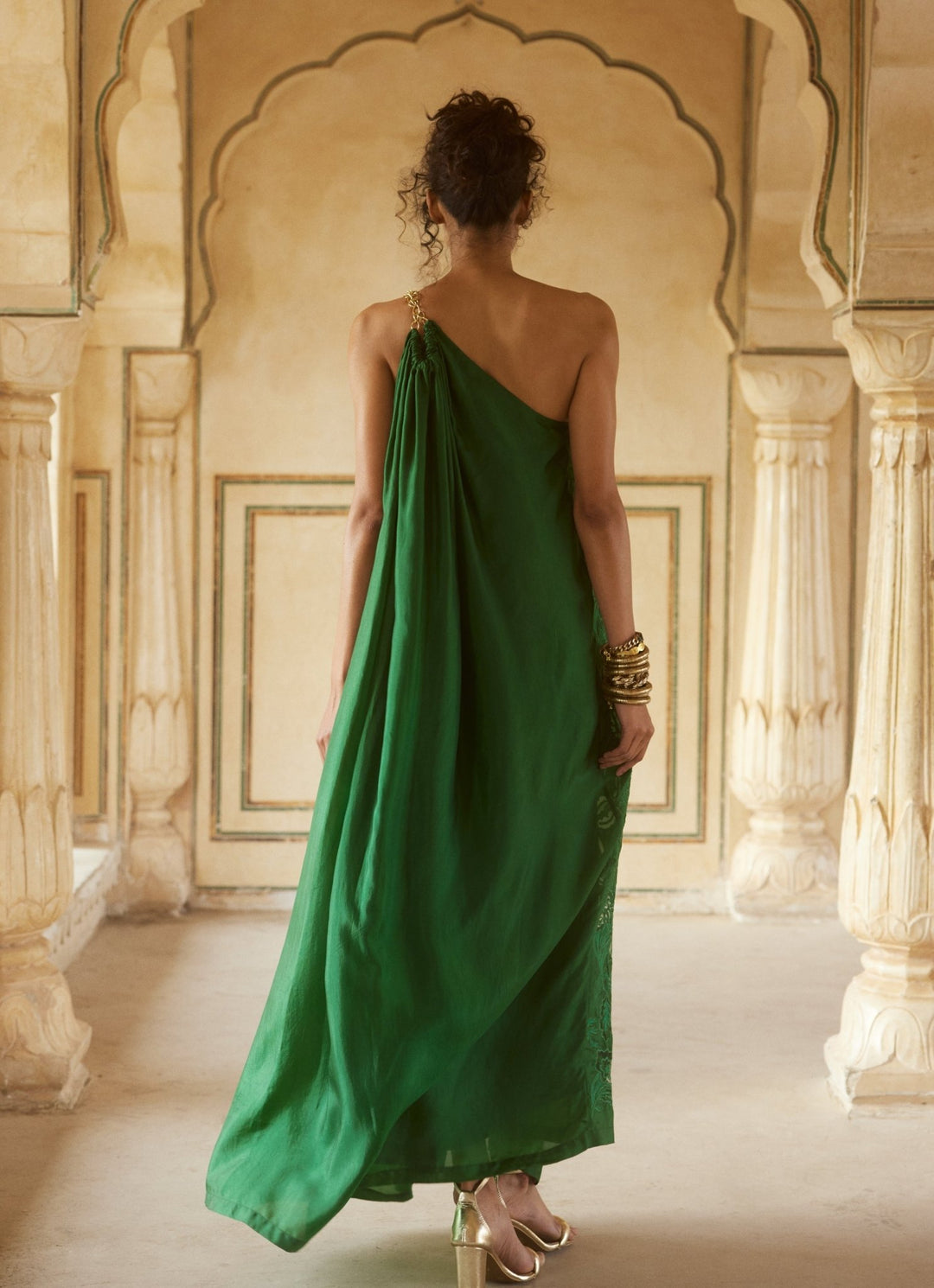Emerald Green Silk One Shoulder Dress Paulmi and Harsh - Fabilicious Fashion