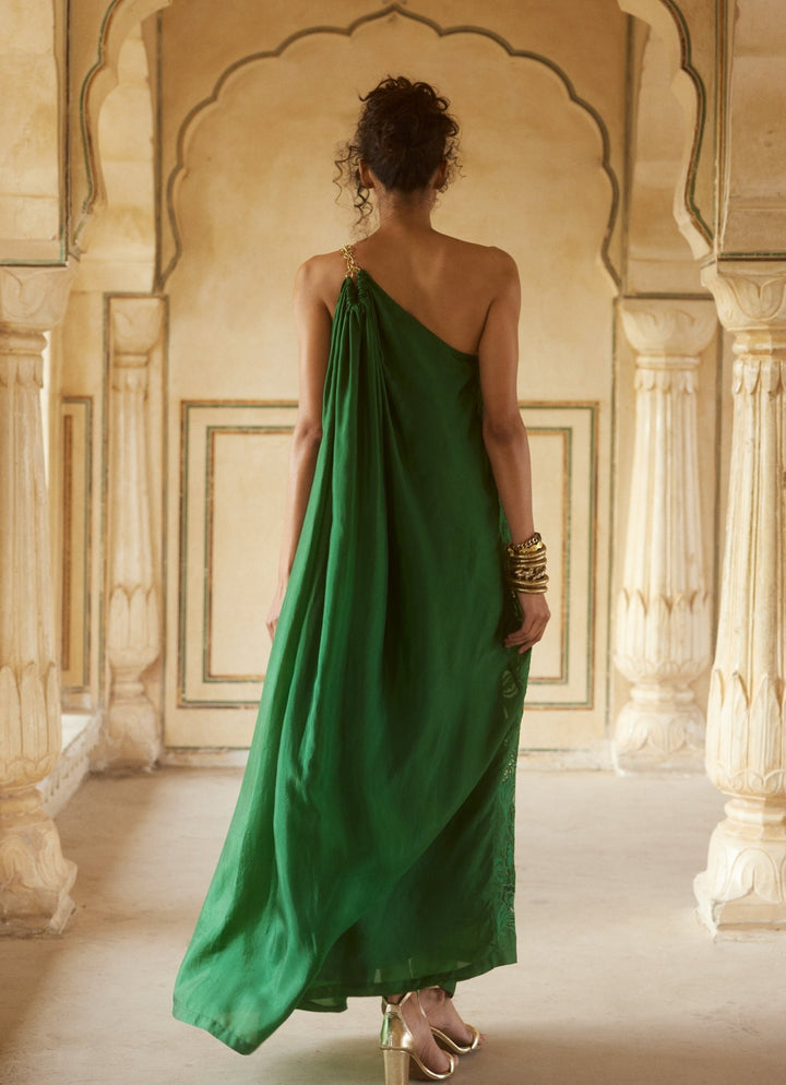 Emerald Green Silk One Shoulder Dress Paulmi and Harsh - Fabilicious Fashion