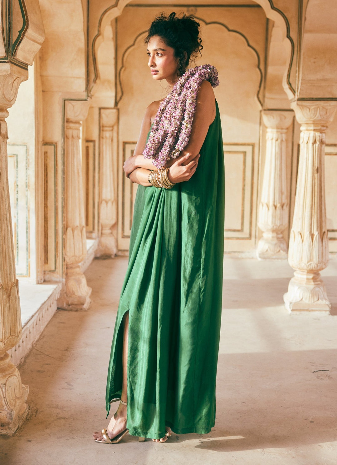 Emerald Green Silk One Shoulder Dress Paulmi and Harsh - Fabilicious Fashion