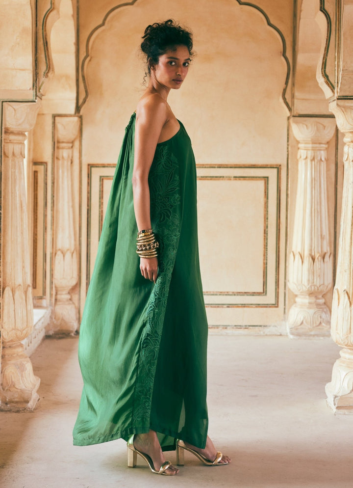 Emerald Green Silk One Shoulder Dress Paulmi and Harsh - Fabilicious Fashion
