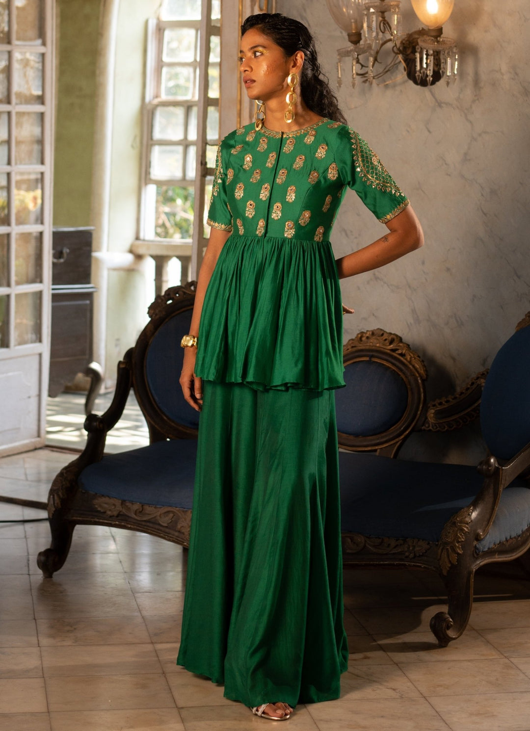 Emerald Green Silk Peplum Kurta Palazzo Set Paulmi and Harsh - Fabilicious Fashion