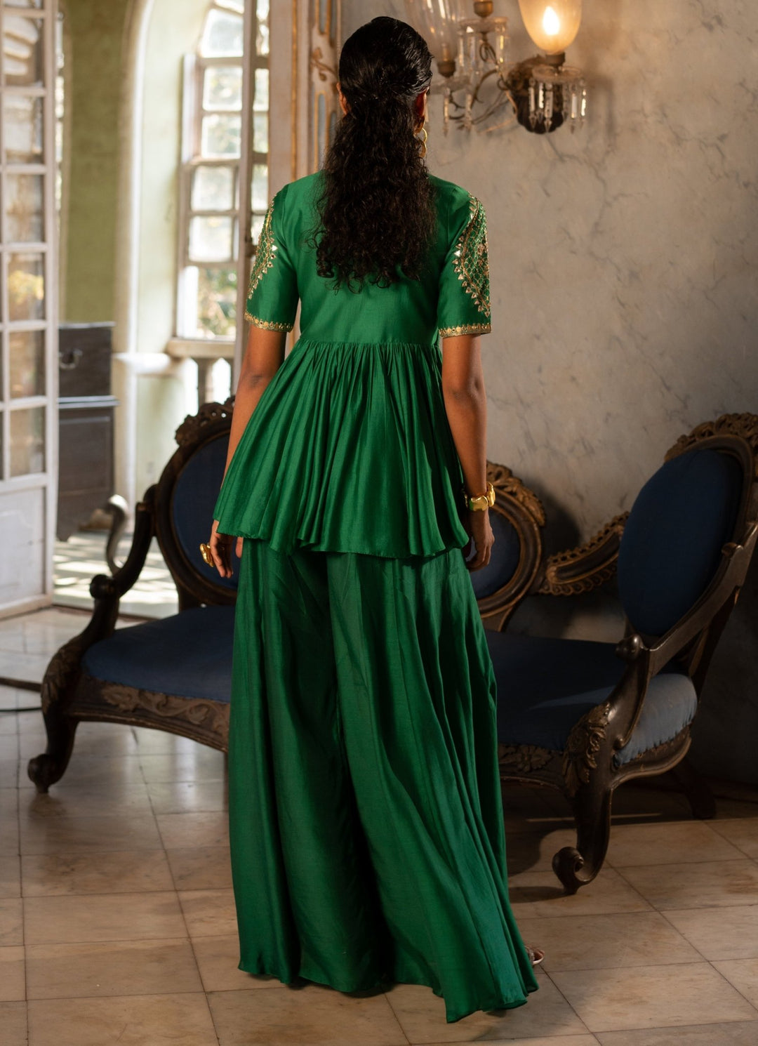 Emerald Green Silk Peplum Kurta Palazzo Set Paulmi and Harsh - Fabilicious Fashion
